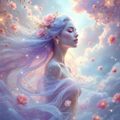The primary subject of the image is a woman with long, flowing hair and a flower crown. She is standing in a cloudy, pink-hued sky, which serves as the setting for the scene. The visual style of the image is digital art, with the woman's hair and the flower crown being depicted in a detailed and artistic manner. The colors and mood of the image are predominantly pink and dreamy, creating a sense of whimsy and fantasy.